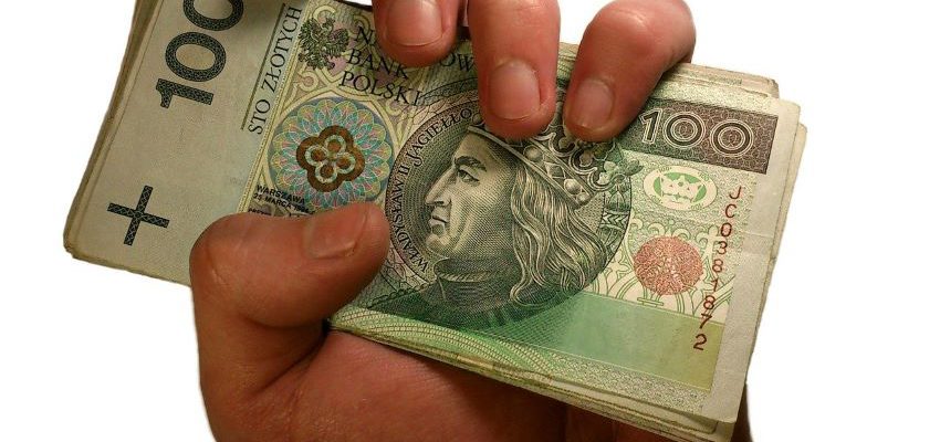 dłoń z banknotami 100 zł